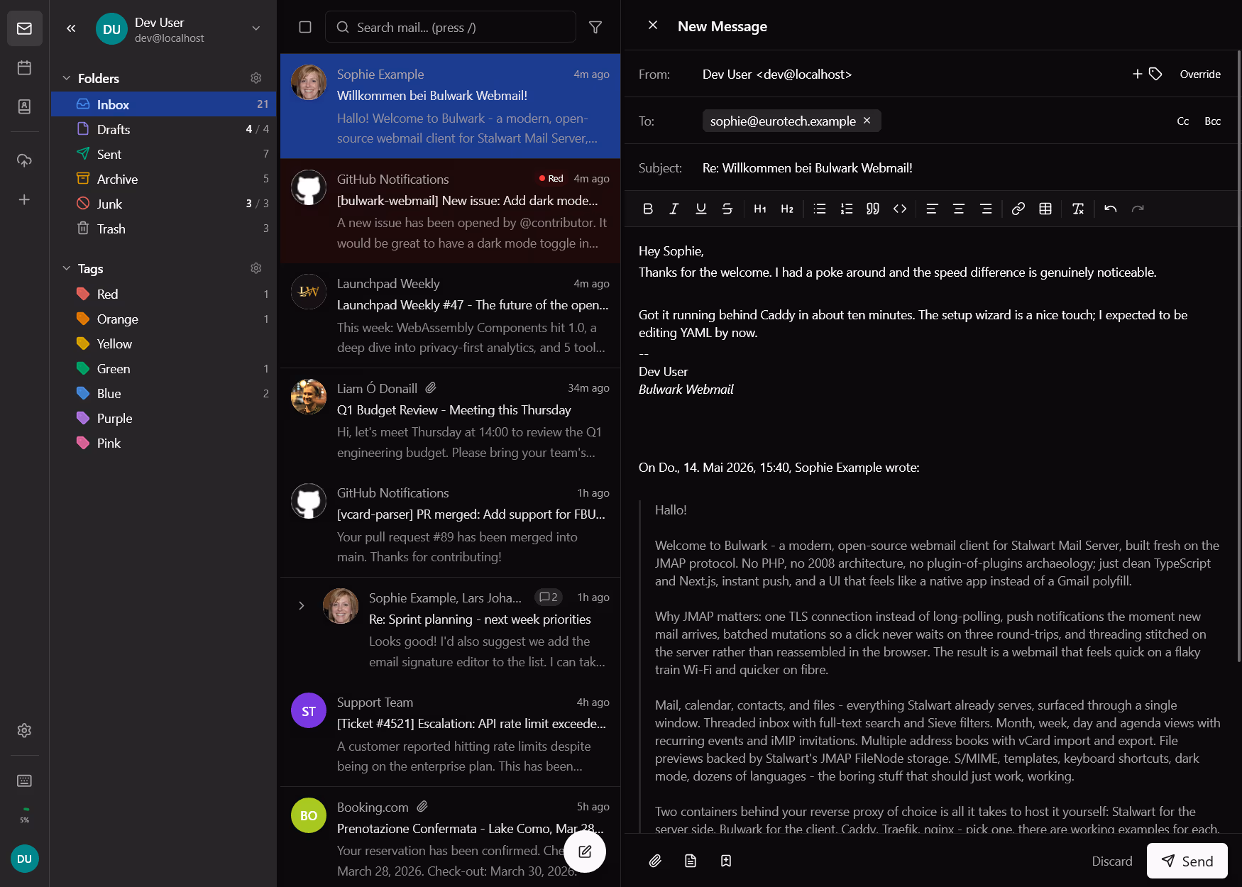 Web Mail Client showing a business inbox in dark theme